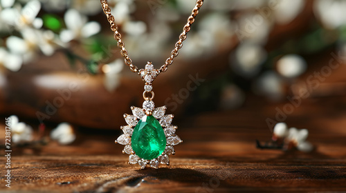 emerald necklace and chain with gemstone and diamond in gold, classic jewelry. generative ai