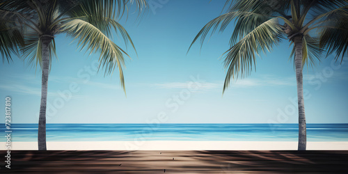 Boardwalk against the backdrop of beach, blue sea and palm trees. Copy space. Summer tropical banner background. AI generated illustration photo