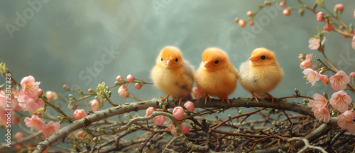 Foto Group of Chicks Perched on a Tree Branch