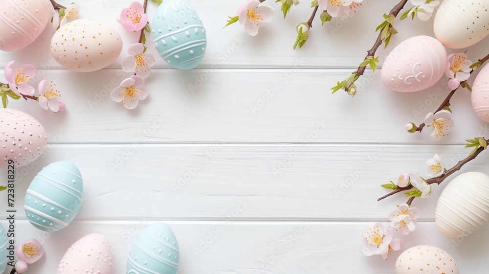 Sakura blossom flower, white happy easter eggs on white wood spring background - obrazy, fototapety, plakaty 