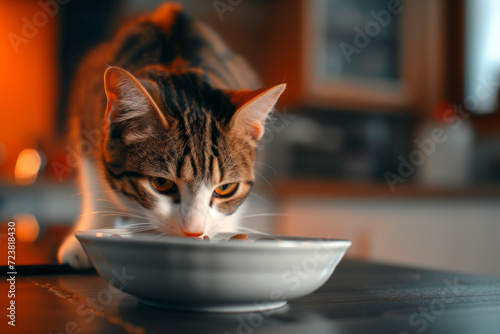Cute cat eating food in the kitchen