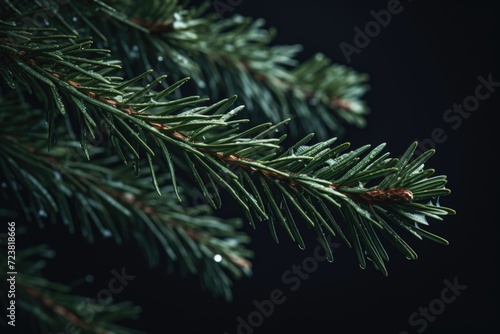 A close-up view of a pine tree branch covered in glistening water drops. This image can be used to depict nature, rain, or the beauty of the outdoors