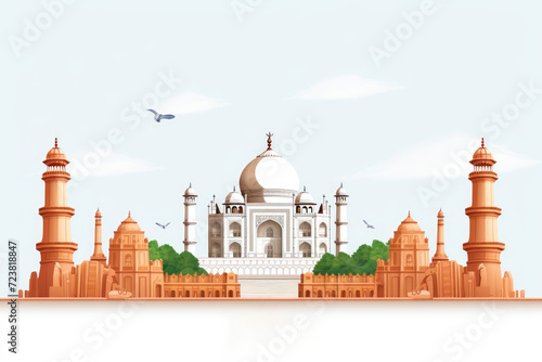 Painting style Taj Mahal and flag colors on white background, Indian Independence Day. Generative ai