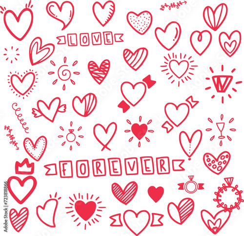 Set of hearts, Set of scribble red hearts. Collection of heart shapes draw by hand. Symbol of love. Design elements for Valentine's Day card. Vector hearts. Vector illustration