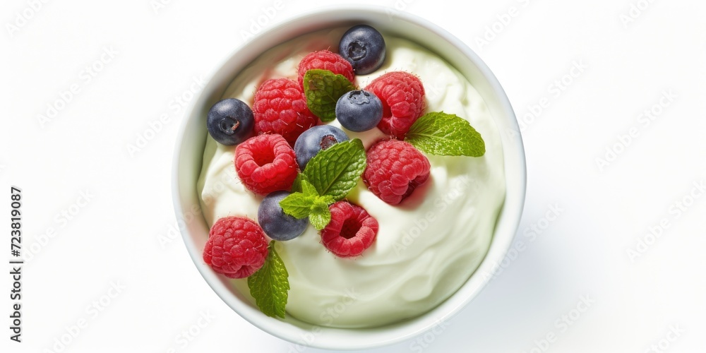 A bowl of yogurt topped with fresh berries and mint leaves. Perfect for a healthy and refreshing snack. Can be used for food and nutrition-related content A bowl of yogurt topped with fresh berries and mint leaves. Perfect for a healthy and refreshing snack. Can be used for food and nutrition-related content