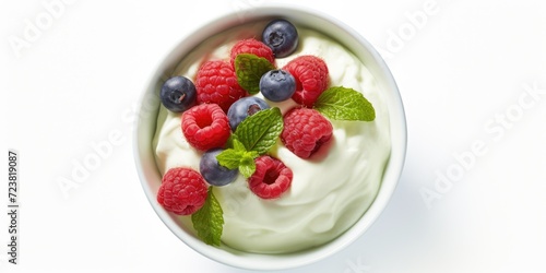 A bowl of yogurt topped with fresh berries and mint leaves. Perfect for a healthy and refreshing snack. Can be used for food and nutrition-related content