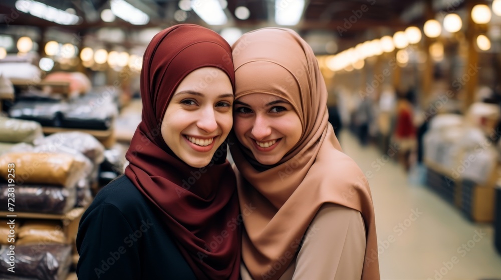 Two women in hijabs shopping at a market