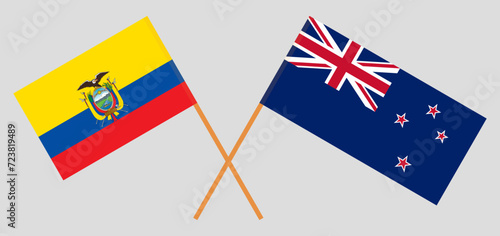 Crossed flags of Ecuador and New Zealand. Official colors. Correct proportion