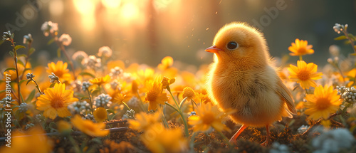 Small Yellow Bird in a Field of Yellow Flowers