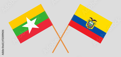 Crossed flags of Myanmar and Ecuador. Official colors. Correct proportion