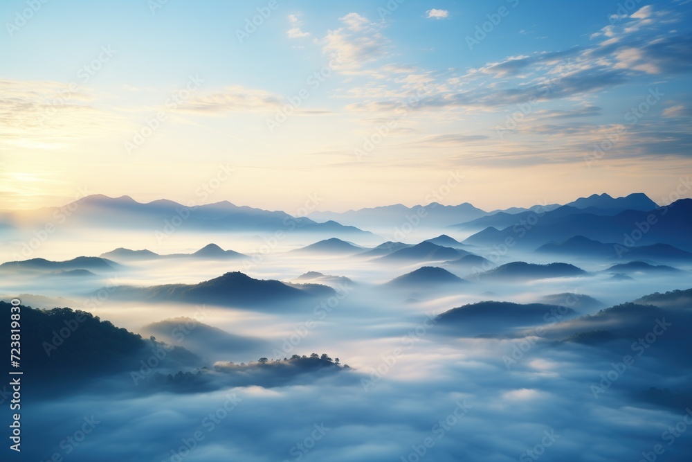 Obraz premium Aerial view of misty mountains at sunrise