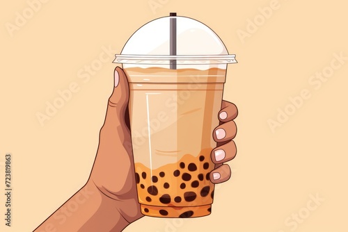 A hand holding a cup of bubble tea. Perfect for illustrating the popular drink and its vibrant colors. Can be used in food and beverage blogs, social media posts, or restaurant menus
