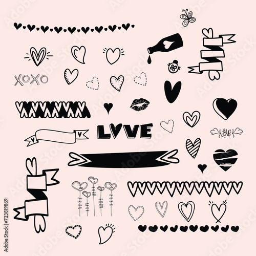 Set of scribble black hearts. Collection of heart shapes draw by hand. Symbol of love. Design elements for Valentine s Day card. Vector hearts. Vector illustration