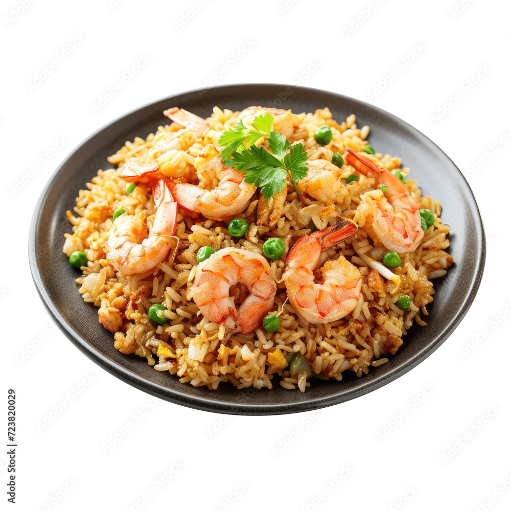 Shrimp fried rice with assorted vegetables in plate. Isolated on Transparent background Shrimp fried rice with assorted vegetables in plate. Isolated on Transparent background