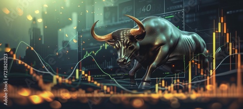 Green suited bull with rising candlestick charts, trading volatility, and recession concept photo