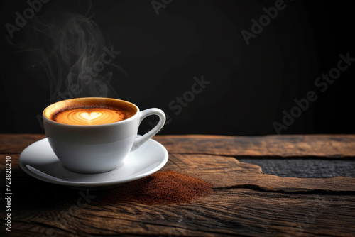 heart shape latte art in white coffee cup on wood table. Coffee in white cup on wooden table in cafe with lighting background. Beautiful foam, ceramic cups, stylish toning, place for text.