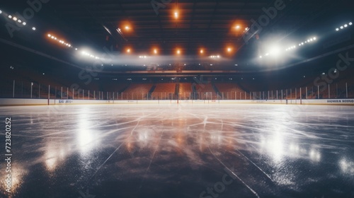 An empty hockey rink with lights illuminating the ice. Perfect for sports-related projects and designs © Fotograf