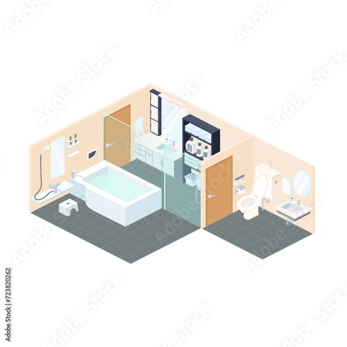 アイソメトリックで描いた洗面所、バスルーム、トイレのイラスト