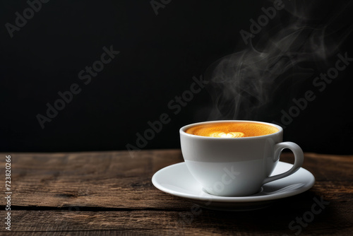 heart shape latte art in white coffee cup on wood table. Coffee in white cup on wooden table in cafe with lighting background. Beautiful foam, ceramic cups, stylish toning, place for text.