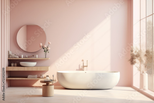 Pastel pink color spacious minimal design luxury decorated bathroom interior