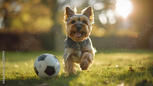 Action photograph of yorkshire dog playing soccer Animals. Sports