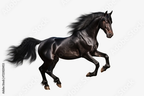 A black horse in full gallop against a clean  white background. Ideal for equestrian enthusiasts or for adding a dynamic touch to design projects