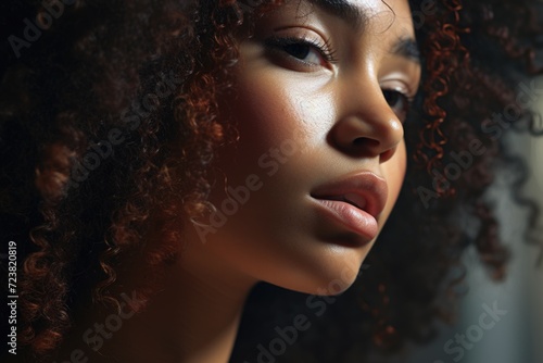 A close-up view of a woman with curly hair. Perfect for beauty and fashion-related projects