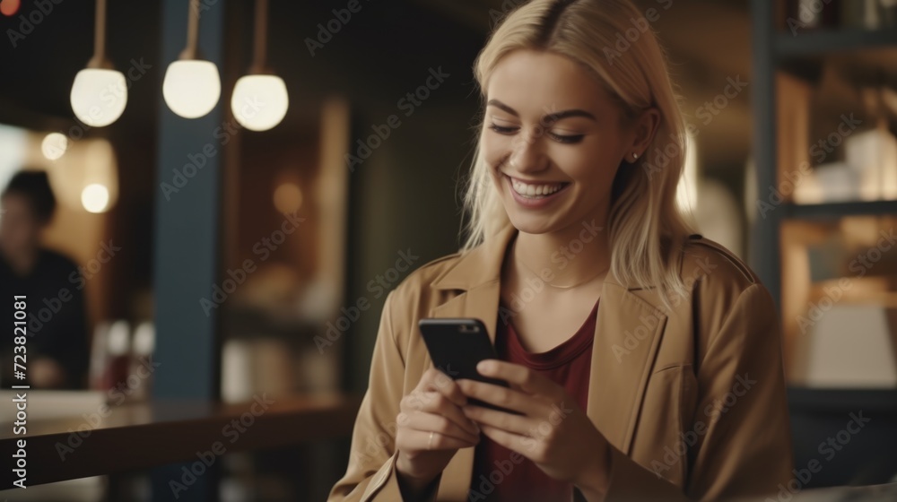 A woman is smiling as she looks at her cell phone. This image can be used to depict happiness, technology, communication, and social media A woman is smiling as she looks at her cell phone. This image can be used to depict happiness, technology, communication, and social media
