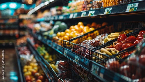 Fresh fruits and vegetables displayed on supermarket shelves photo