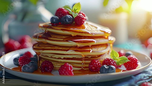 Easter pancakes with maple syrup and fresh berries, served in the style of gourmet photo