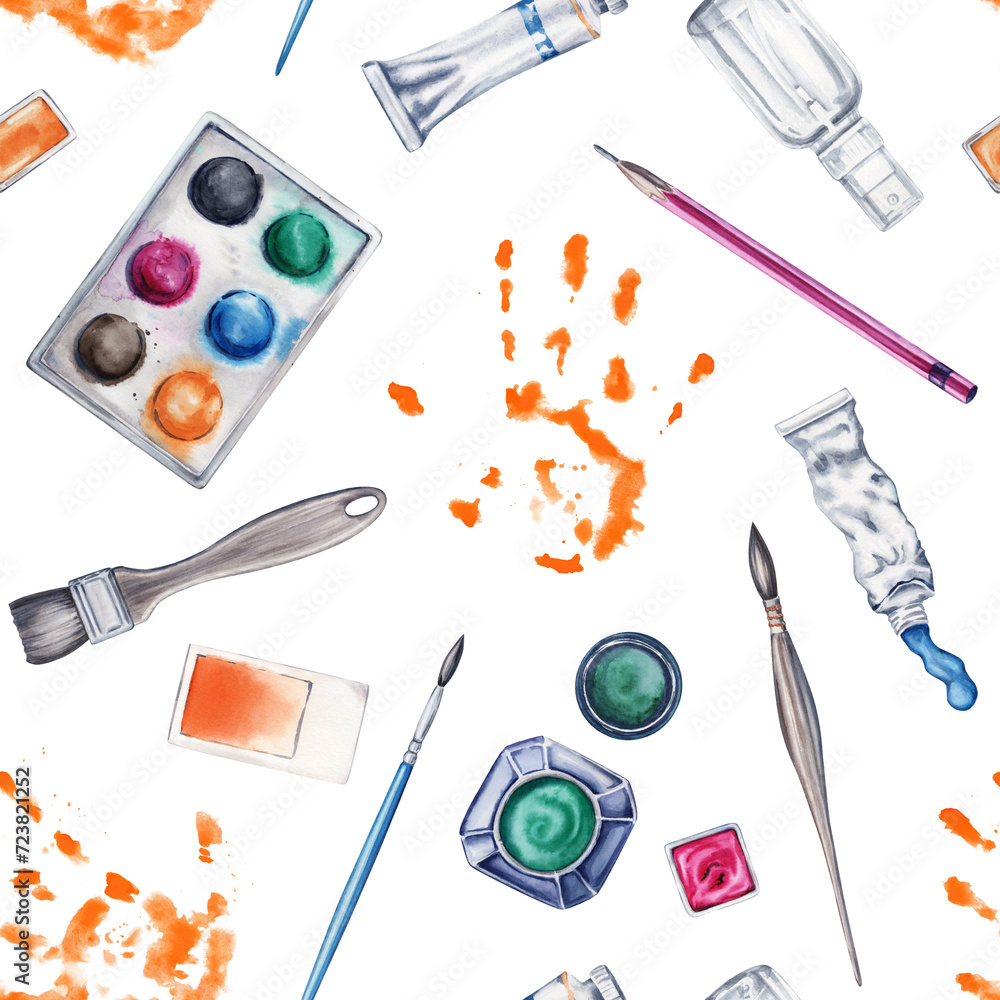 Seamless repeatable pattern with brushes, pencil, paint set, water spray bottle. Watercolor illustration isolated on transparent background. Art supplies design for art classes, creative workshops Seamless repeatable pattern with brushes, pencil, paint set, water spray bottle. Watercolor illustration isolated on transparent background. Art supplies design for art classes, creative workshops