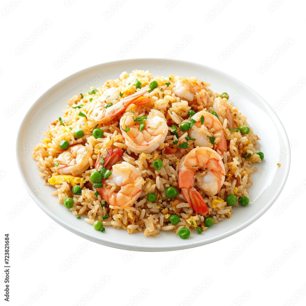 Shrimp fried rice with assorted vegetables in plate. Isolated on Transparent background Shrimp fried rice with assorted vegetables in plate. Isolated on Transparent background