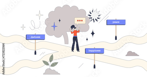 Self awareness and ability to perceive and understand emotions retro tiny person concept, transparent background. Feeling control and regulation with mental practices illustration.