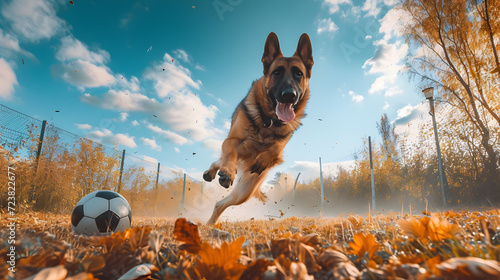 Action photograph of german sheppard dog playing soccer Animals. Sports