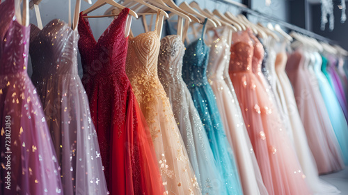 Elegant formal dresses for sale in luxury modern shop boutique. Prom gown, wedding, evening, bridesmaid dresses dress details. Dress rental for various occasions and events, generative ai
