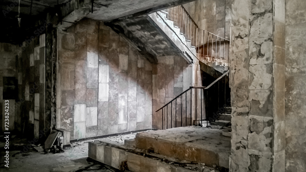 stone steps of a staircase inside an abandoned building in Chernobyl Ukraine stone steps of a staircase inside an abandoned building in Chernobyl Ukraine