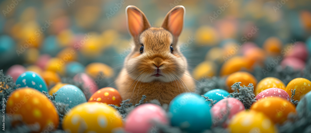 Rabbit Sitting Among Colorful Easter Eggs in a Field
