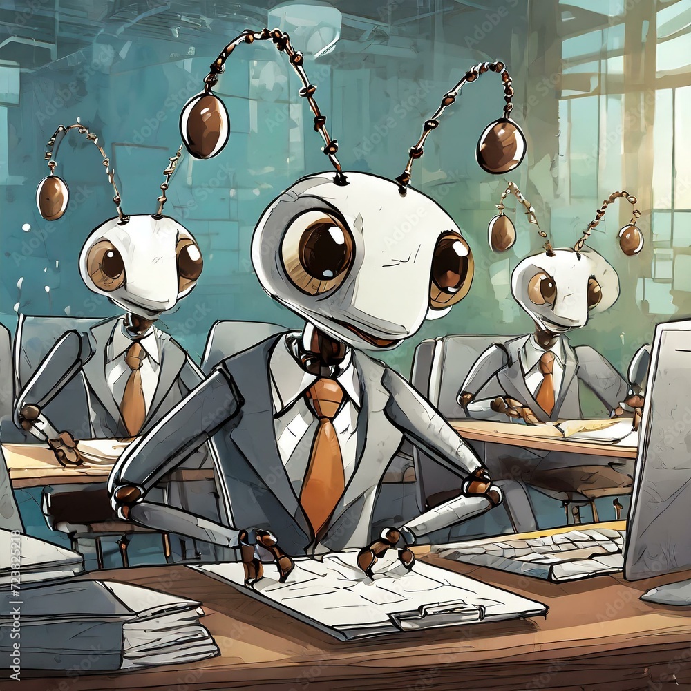 Ludzie mrówki w garniturach pracujący w biurze, Motyw ciężkiej i monotonnej pracy biurowej. Praca w korporacji, urzędzie, za biurkiem. Ilustracja powiedzenie "pracowity jak mrówka" - obrazy, fototapety, plakaty 