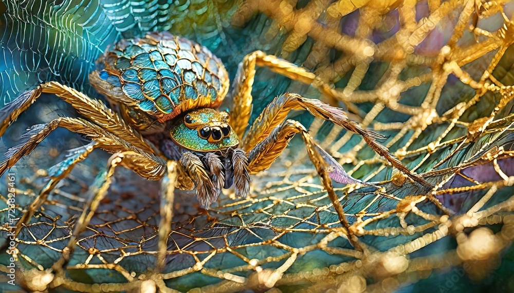 Niebiesko-złota, abstrakcyjna ilustracja z pająkiem i pajęczą siecią - obrazy, fototapety, plakaty 