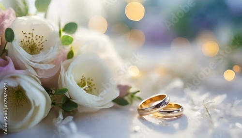 Ślubne tło z białymi kwiatami i obrączkami photo
