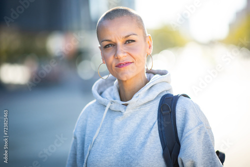 Close up woman with shaved head photo