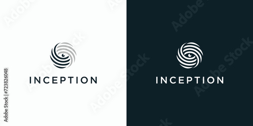 Vector logo design illustration of an eye with circular abstract lines around it.