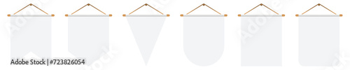 Empty white bunting pennants of various shapes. Bunting flags mockup Realistic hanging pennant or flag with rope. Vector illustration isolated on transparent background.