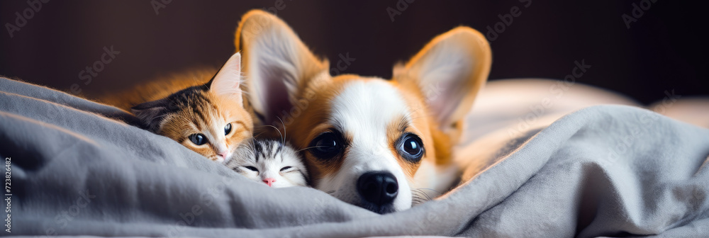 Photo of cute cat and dog lying together wrapped in blanket - obrazy, fototapety, plakaty 