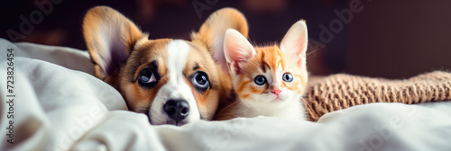 Photo of cute cat and dog lying together wrapped in blanket © LFK