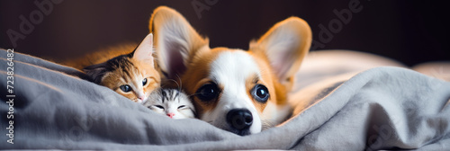 Photo of cute cat and dog lying together wrapped in blanket photo