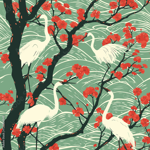 Print Design Seamless Patterns. Stork, Crane, Nature's Serenity in Painterly Detail, Featuring Subdued Tones, Birds, Trees, Graphics. Background Texture design, wrapping, AI generative image