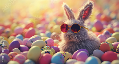 conejo con gafas de sol tumbado y rodeado de huevos de pascua pintados de diferentes colores, sobre  fondo bokeh desenfocado photo