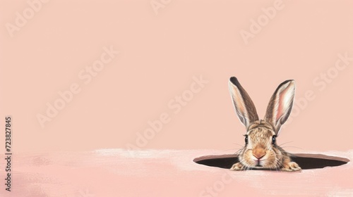 Easter Bunny Peeking from Hole, Artistic illustration of a bunny's head peeking from a hole, set against a pastel peach backdrop with an Easter theme © petrrgoskov
