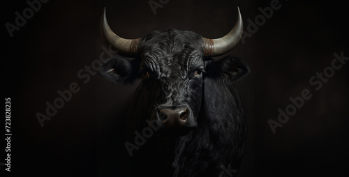 bull on black background, a black cow standing in a field